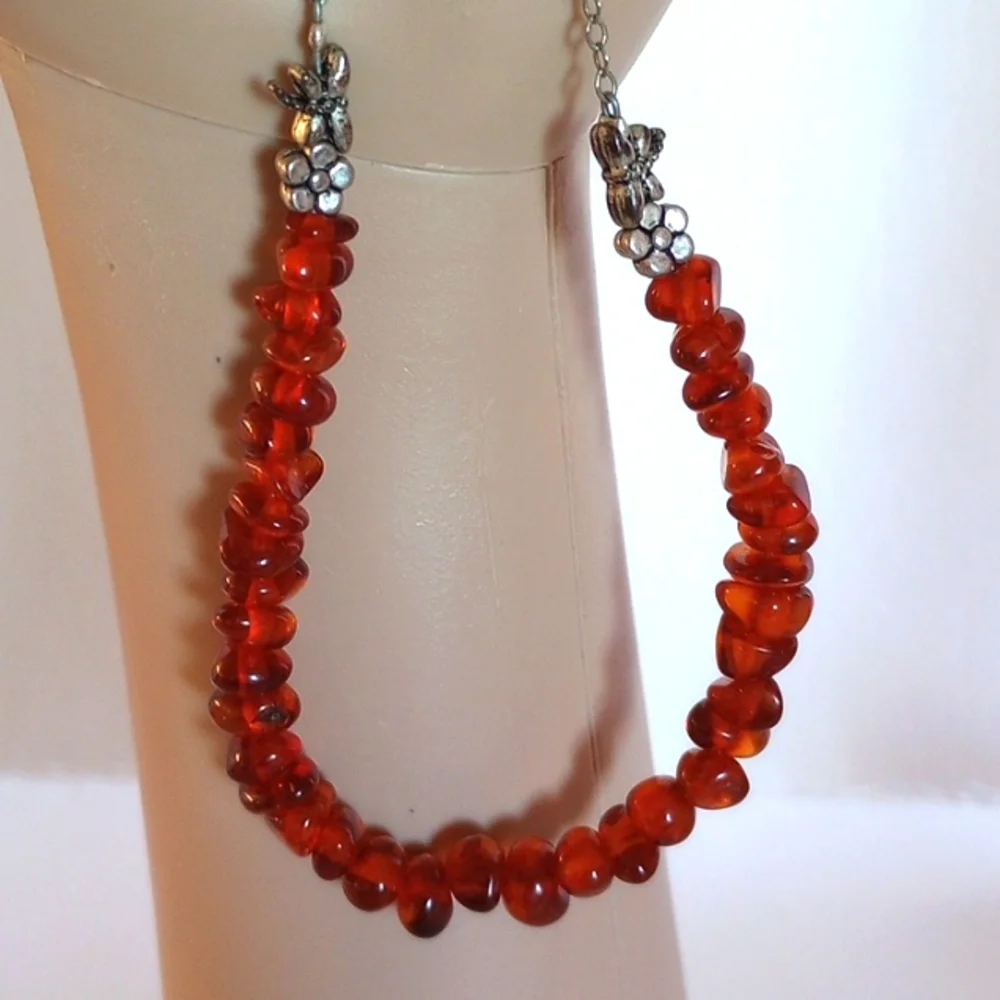BALTIC AMBER NECKLACE 19 " LONG SILVER PLATED FLOWERS DRAGONFLY - Picture 3 of 6